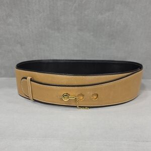 Rare Gucci belt women's small tan leather gold metal black border Authenticated